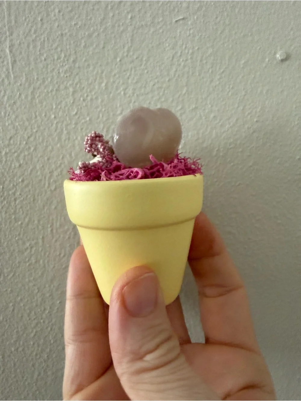 Handcrafted Yellow Mini Pot with Pink Moss and Shell Accents
